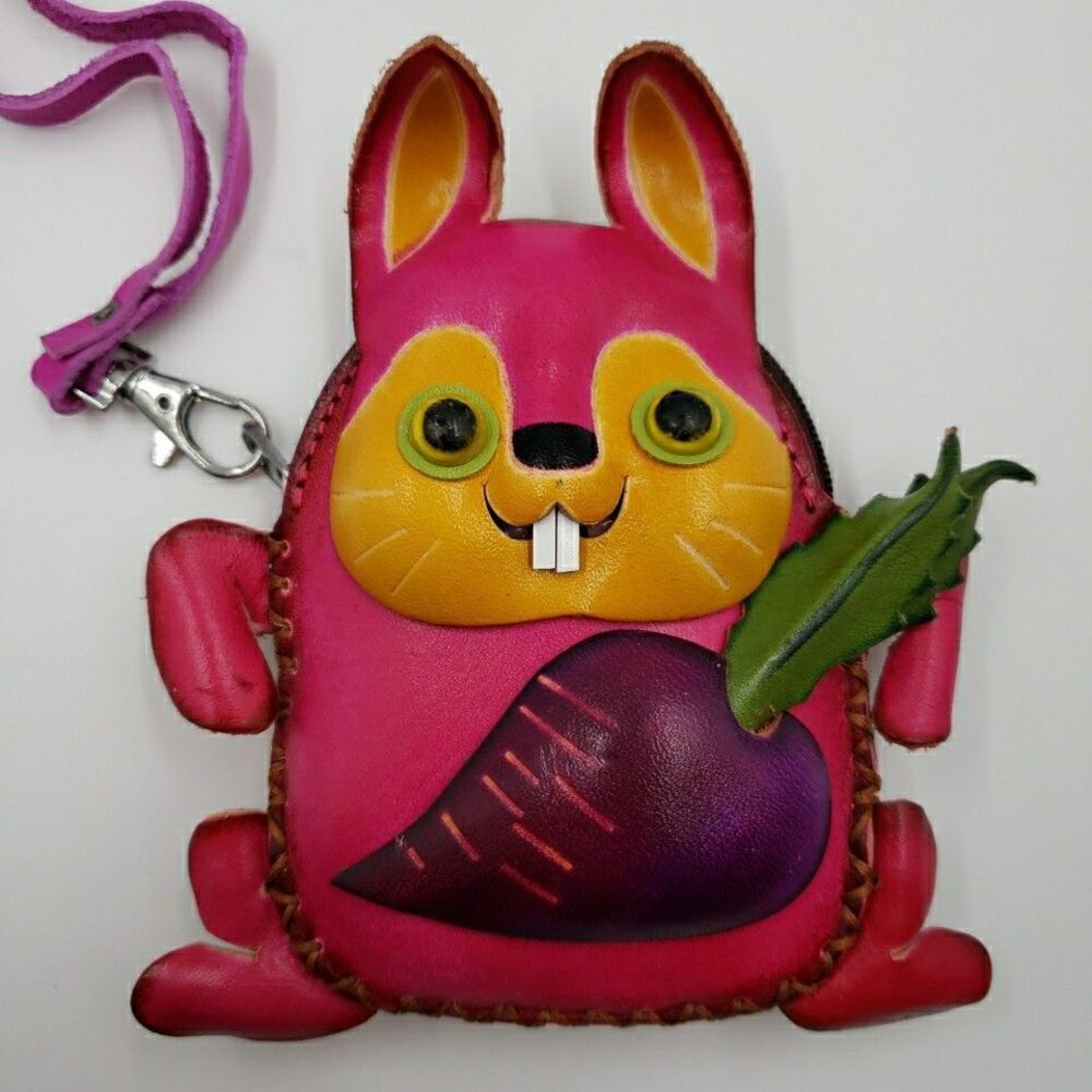 Pink Bunny Rabbit Coin Purse Cute Handmade Leather Small Wallet Kawaii Zip Pouch - Picture 3 of 14